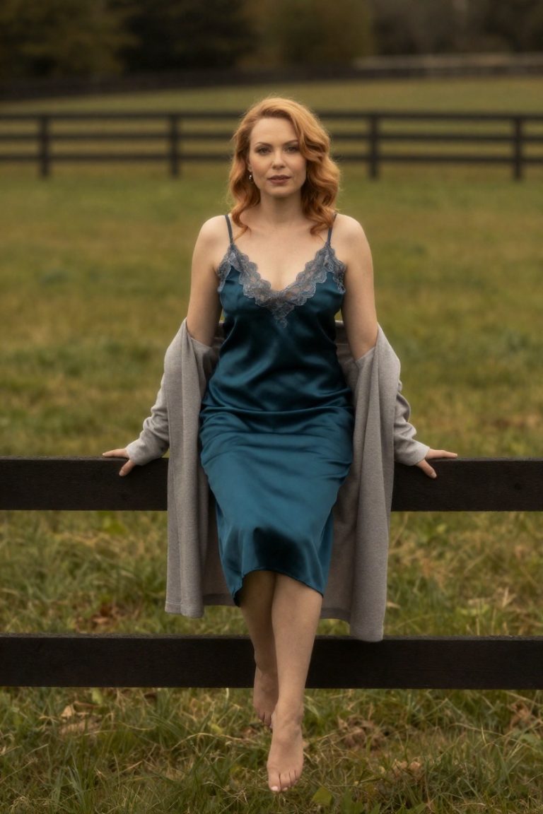 Tova, 28, in a deep-teal silk slip dress seated on a fence rail — TokenZones studio portrait